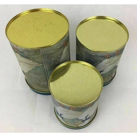 Set 3 Nesting Metal Tin Box Container Lidded Winter Ducks Ribbons Snow Gift - Picture 4 of 7
